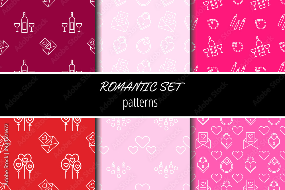 Romantic seamless patterns with white elements on the pink, red and maroon backgrounds. Valentine day ornaments. Usable for wedding invitations, cards, wrapping paper, packet. Vector illustration