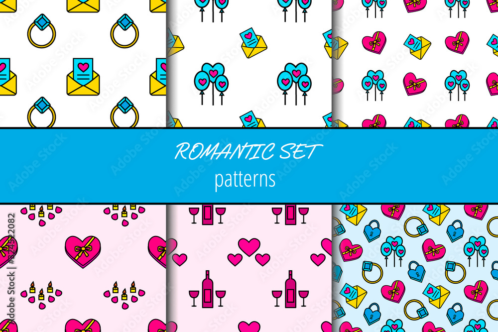Set of seamless cute patterns with colored love elements. Valentine's day ornaments. Usable for wedding invitations, cards, wrapping paper, packet