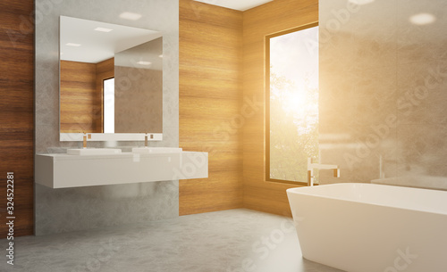 Bathroom with wood paneling on the walls. modern sink. marble floor. 3D rendering.. Sunset