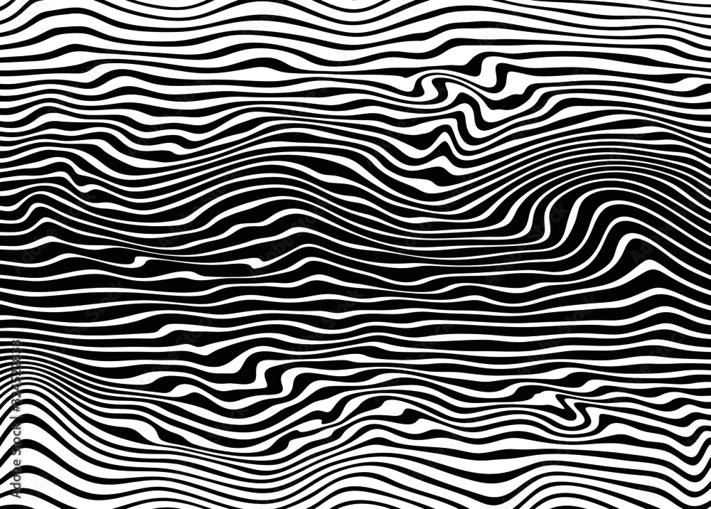 Black and white pattern of abstract swirling lines. Modern vector background