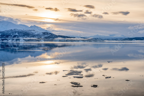 icy winter landscape in the Lyngen Alps, Finnmark in northern Norway north of the polar circle