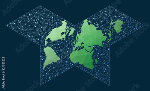 Abstract map of world network. Polyhedral Collignon projection. Green low poly world map with network background. Beautiful connections map for infographics or presentation. Vector illustration.
