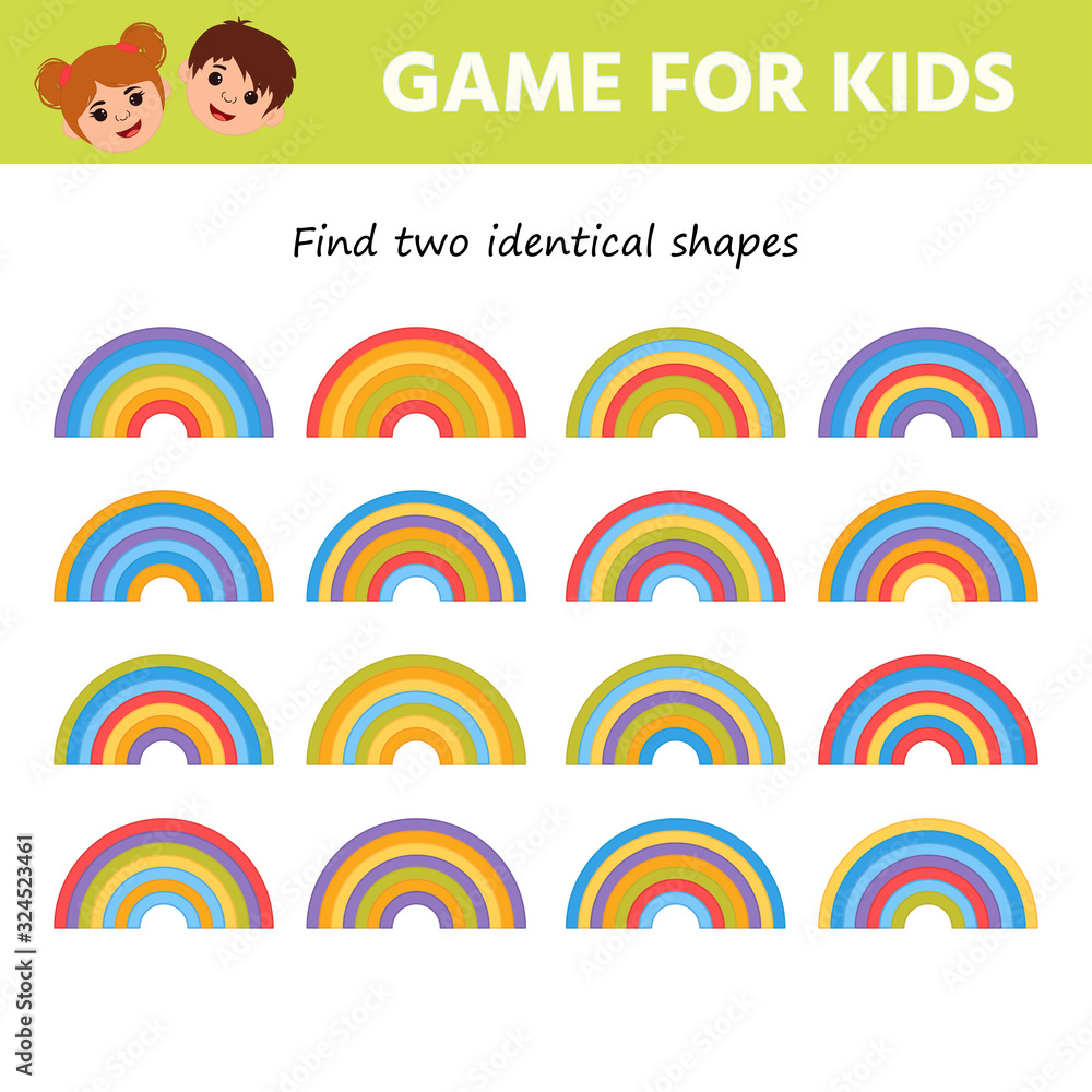 Education game for kids development of logic iq. Find two identical shapes.  Kids activity sheet. Children funny riddle entertainment