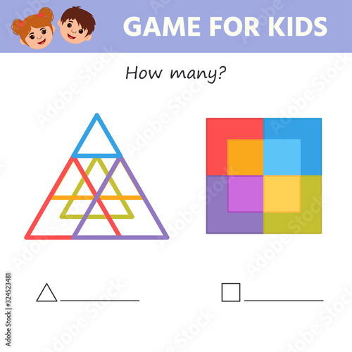 Education game for kids development of logic iq. How many triangles and squares in the figure.  Kids activity sheet. Children funny riddle entertainment