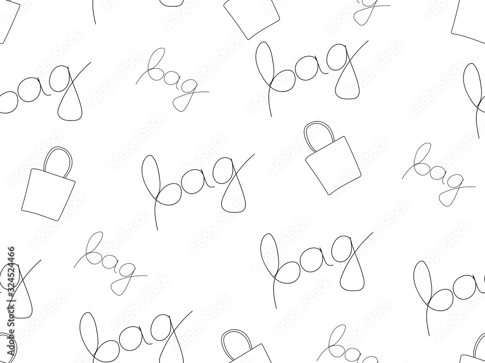 The word bag. Drawn contour bag on a white background. Lettering. Shopping bags seamless pattern