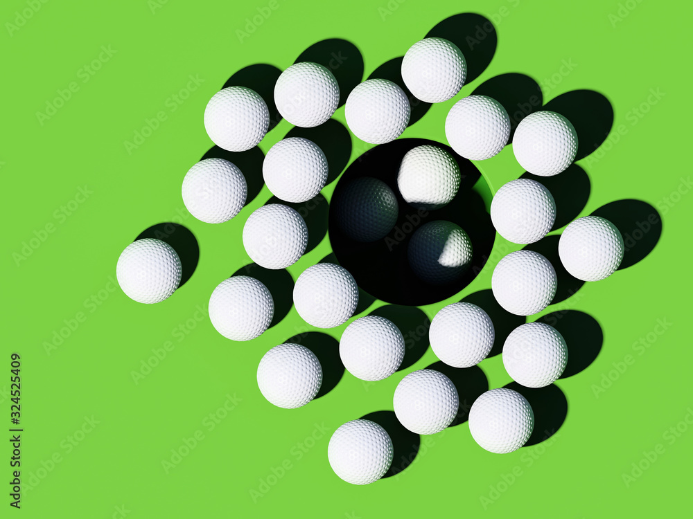 Golf balls around a hole on green background with three balls in a cup