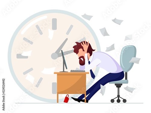 Brown haired bearded man in formal suit sitting at computer desk and clutching his head in his hands among scattered documents at large clock background. Problems at work. Vector cartoon illustration.