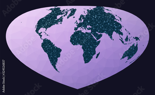 World map graph in Bottomley projection. Wired globe on geometric low poly background. Creative vector illustration.