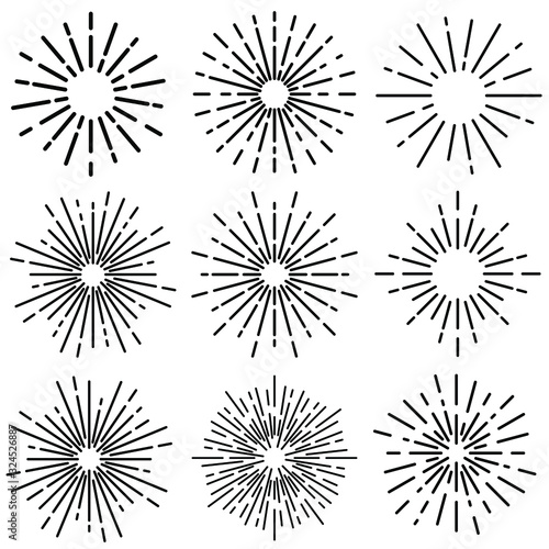 Vintage Sunburst icon vector set. Explosion Hand drawn illustration sign collection. Elements Fireworks  Black Rays.