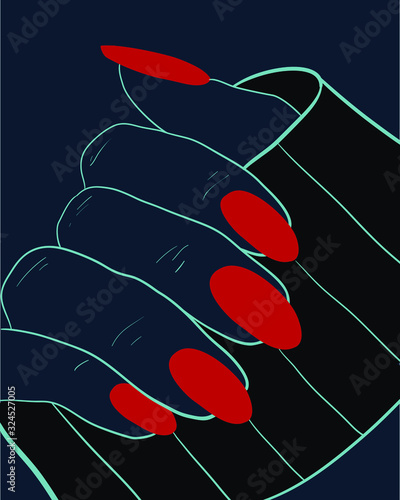 Photo hand-drawn vector illustration of hand with red nails on dark blue background