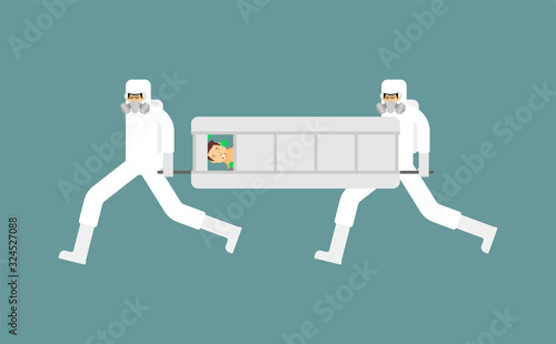 Sick coronavirus epidemic. Doctor in protective suits against virus.. Man and virus molecules. Flying bacteria around patient. 2019-nCoV Virus epidemic. Biological Protection Suit 