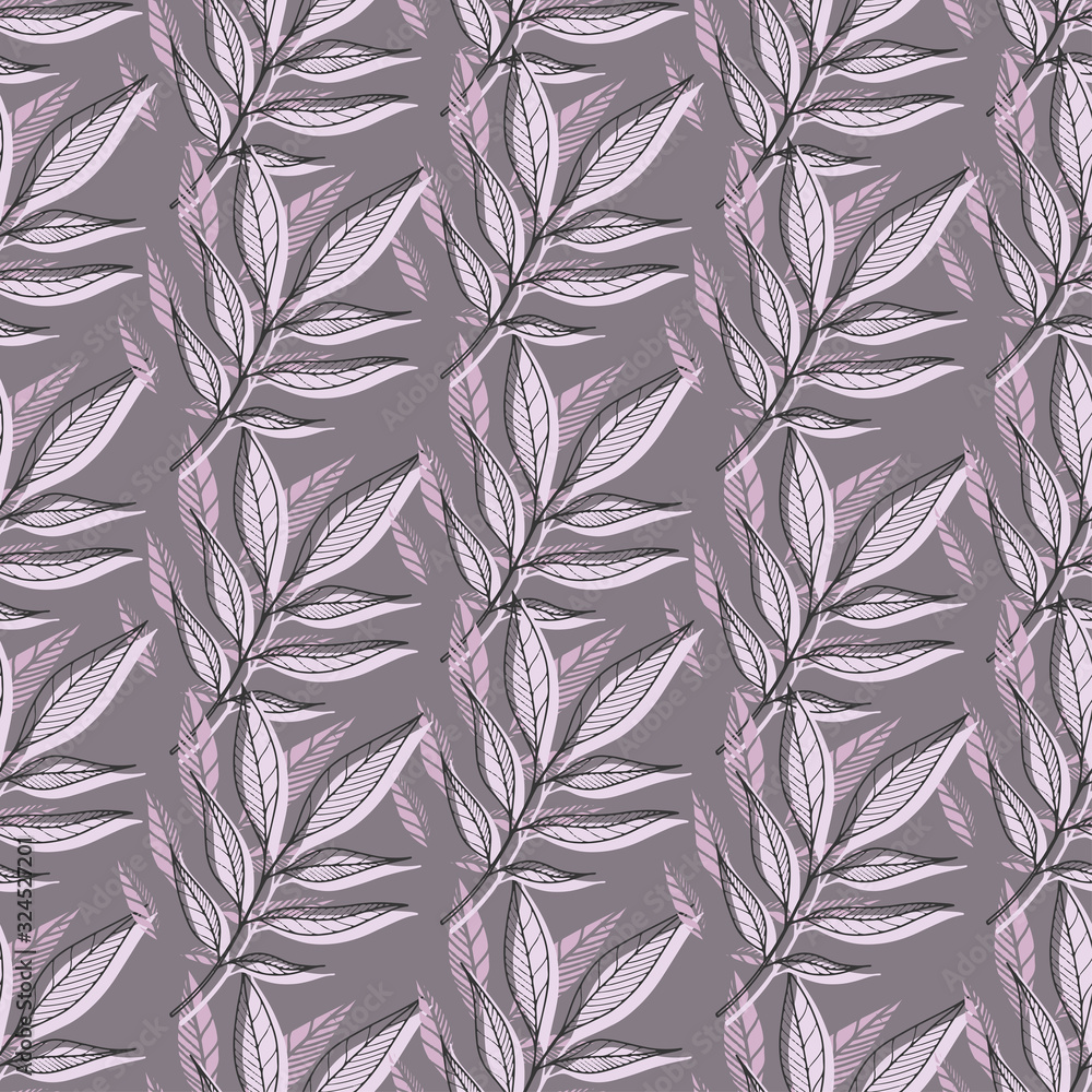 Modern floral seamless pattern imprint and engraving technique. Soft purple grey and lilac floral and foliage. Seamless floral pattern for clothes, bed linen, apparel, wallpaper. Vector illustration