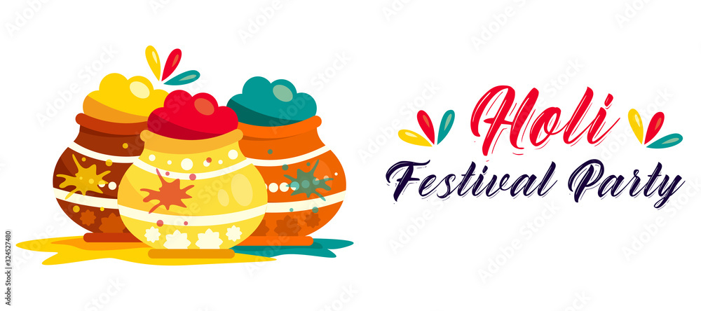 Happy holi celebration graphic with powder (gulal) in mud pots Happy holi celebration graphic with powder (gulal) in mud pots