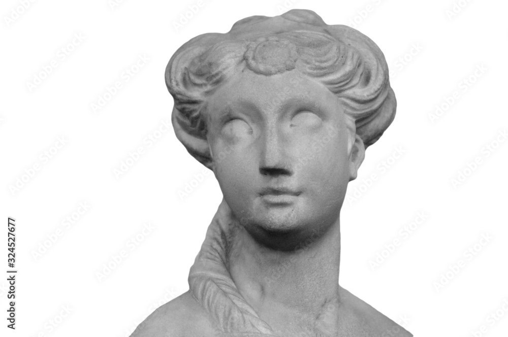 White marble sculpture head of young woman. Statue of sensual renaissance art era naked woman in circlet antique style isolated on white background White marble sculpture head of young woman. Statue of sensual renaissance art era naked woman in circlet antique style isolated on white background