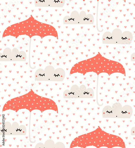 Hand drawn seamless vector pattern with cute rain clouds, hearts, red umbrella, on a white background. Scandinavian style flat design. Concept Valentines day textile print, wrapping paper, packaging.