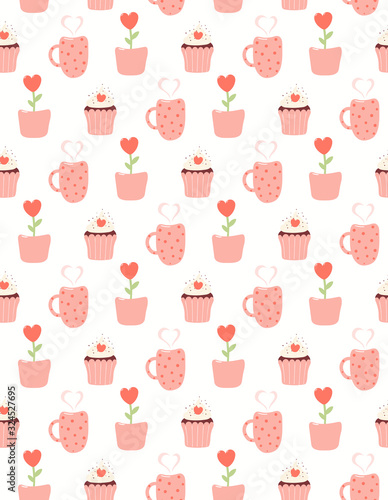 Hand drawn seamless vector pattern with flower pot, mug cup, cupcake with heart, on a white background. Scandinavian style flat design. Concept Valentines day textile print, wrapping paper, packaging.