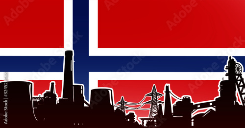 Heavy industry of Norway vector illustration colored red with electric power plant, factory and mining facility on the flag background with colors red, blue, white
