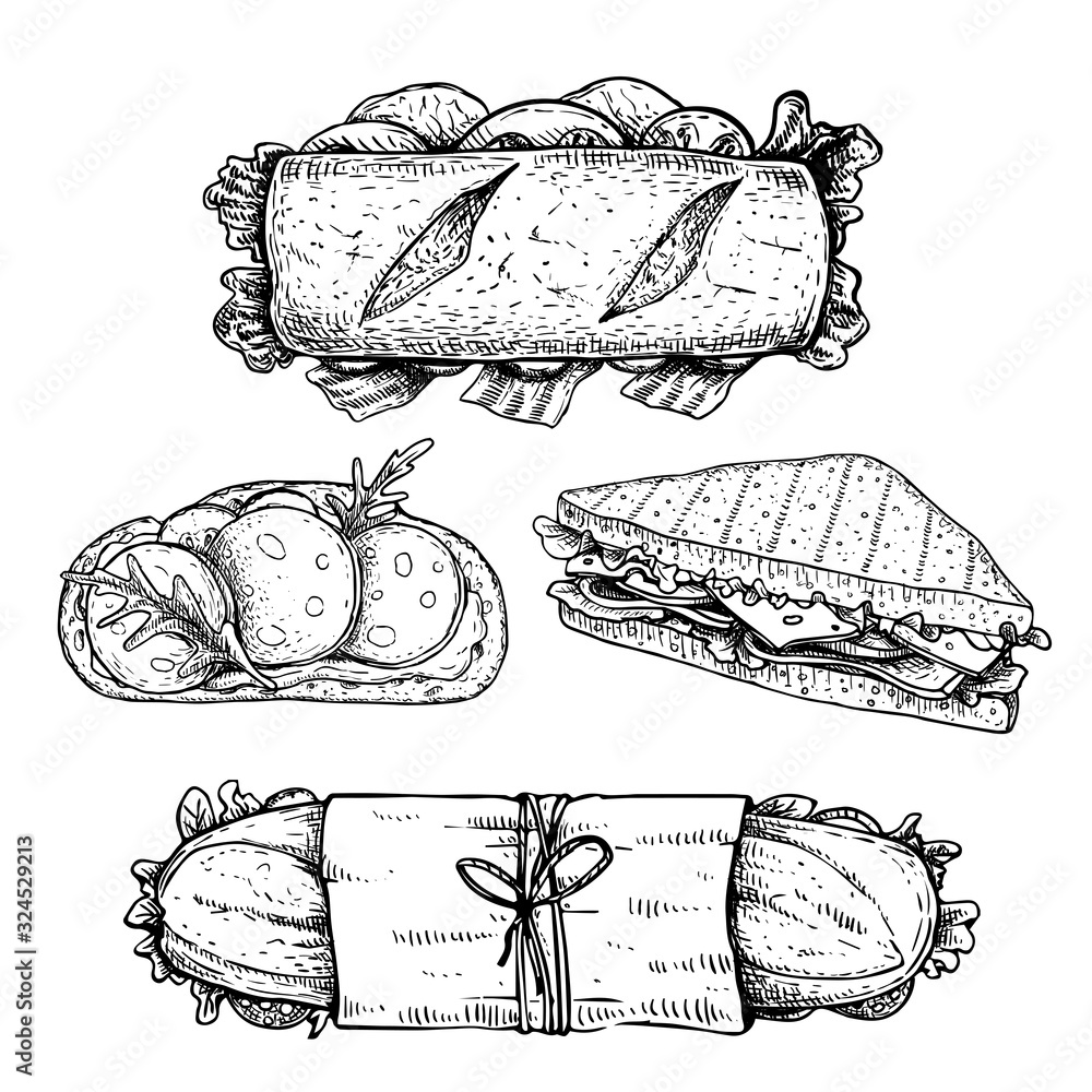 Hand drawn sketch sandwiches set.  Submarine, ciabatta, sandwiches with lettuce leaves, salami, cheese, bacon, ham and veggies. Top and perspective view. Fast food restaurant menu.  - obrazy, fototapety, plakaty 