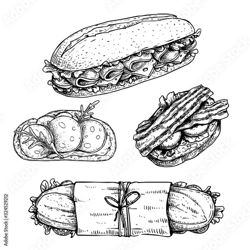 Hand drawn sketch sandwiches set.  Submarine, ciabatta, sandwiches with lettuce leaves, salami, cheese, bacon, ham and veggies. Top and perspective view. Fast food restaurant menu. 