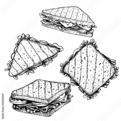 Hand drawn sketch sandwiches set. Triangle and rectangular sandwiches with lettuce leaves, salami, cheese, bacon, ham and veggies. Top and perspective view. Fast food restaurant menu. 