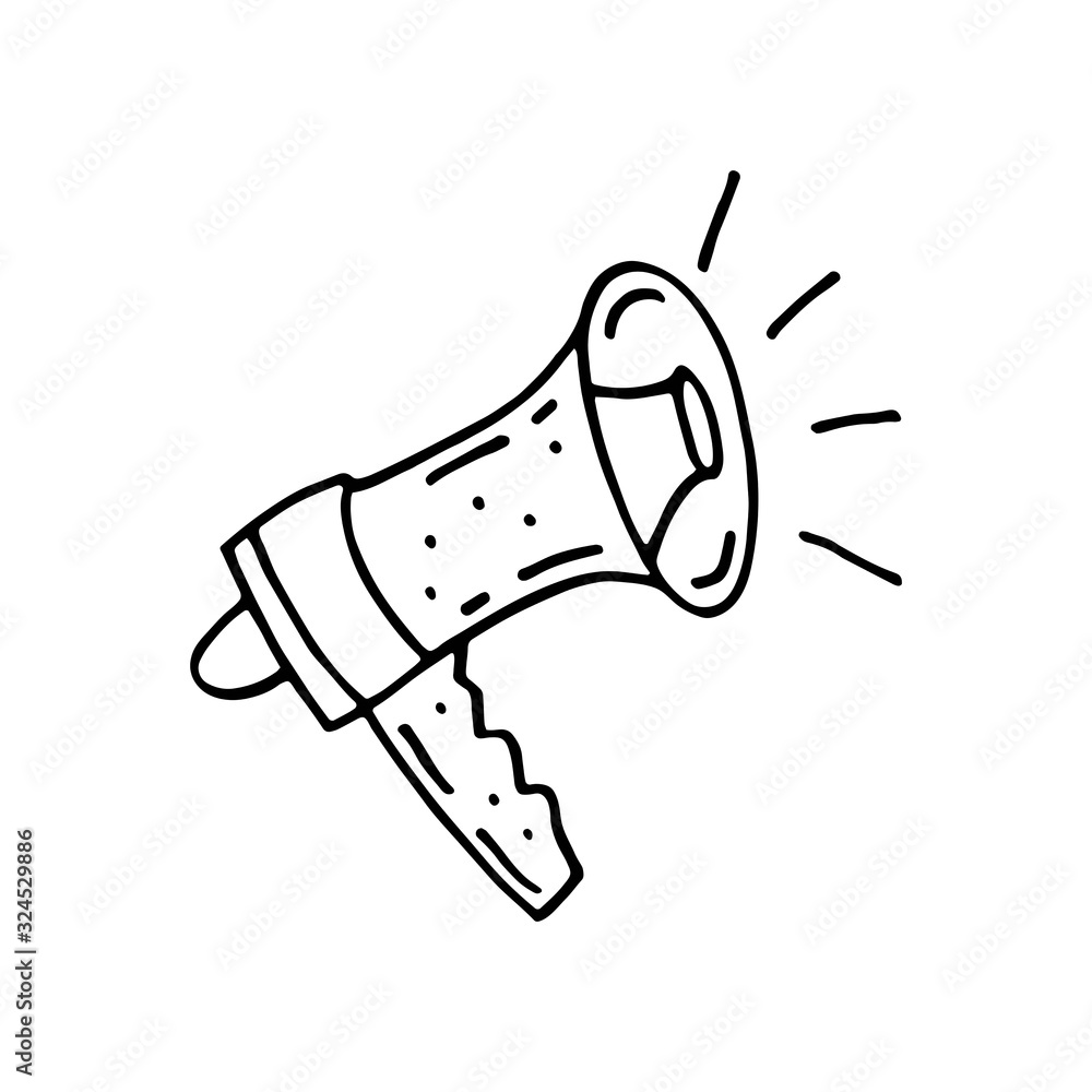 Speaking trumpet loud-hailer  doodle speaker hand drawn vector illustration, sticker, icon, design element. Black monochrome design. Isolated on white background. Easy to change color. Feminism speech