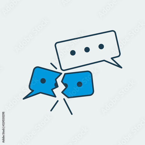Vector icon with two message shapes with three dots and on of them is broken in half. It represents problems in chatting and messaging between people