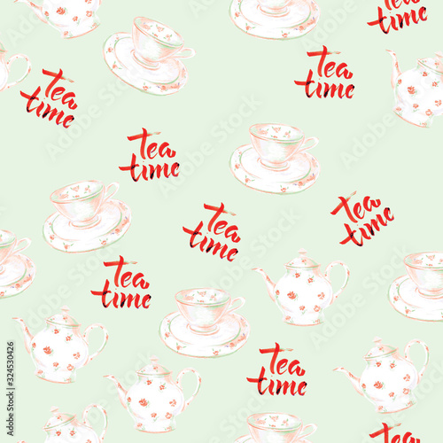 Tea time, seamless pattern of cup and kettle of black tea