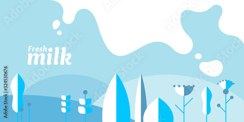 Modern poster fresh milk with splashes on a light blue background. Vector illustration