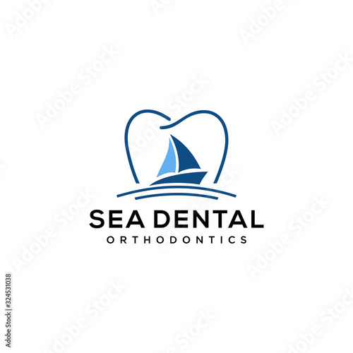 Simple modern Sailboat dhow ship line art logo design with dental sign.