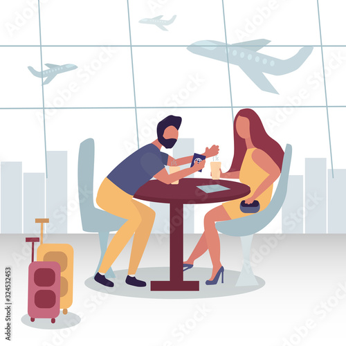 Couple is sitting in a cafe at the airport. She drinks coffee, he talks enthusiastically. Planes take off behind them. Waiting for the flight. There are two suitcases nearby.