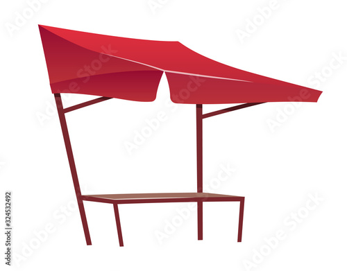 Eastern bazaar empty red tent cartoon vector illustration. Blank summer fair, marketplace counter, trade tent and table flat color object. Souq canopy, vitrine with awning isolated on white photo