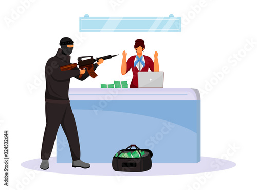 Armed robbery flat color vector faceless character. Criminal threatening bank employee with weapon. Robber taking cash by force. Money theft. Isolated cartoon illustration
