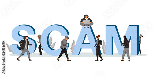 Scam word concepts flat color vector banner. Theft and burglary. Street robbery. Isolated typography with tiny cartoon characters. Criminal activity creative illustration isolated on white