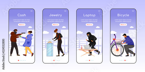 Property theft onboarding mobile app screen flat vector template. Cash, jewelry. Laptop, bicycle. Walkthrough website steps with characters. UX, UI, GUI smartphone cartoon interface, case prints set