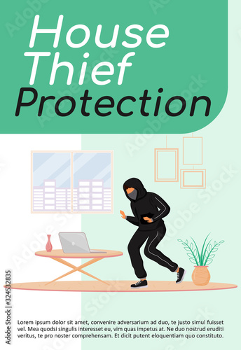 House thief protection poster flat vector template. Precautions. Burglar stealing laptop. Housebreaker. Brochure, booklet one page concept design with cartoon characters. Flyer, leaflet