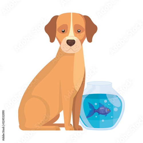 cute dog with fish bowl isolated icon vector illustration design