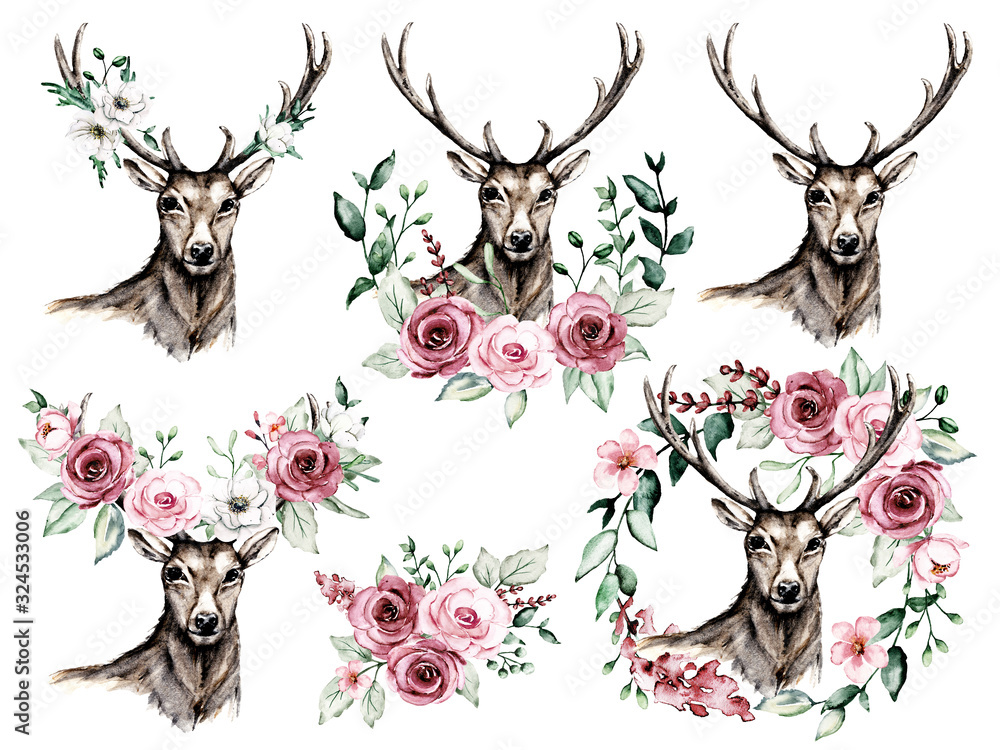 Obraz Deer head antlers, set with watercolor flowers pink roses and leaf. Sketch stag, animal illustration. Isolated on white. Hand drawing for printing design, tattoo and other.