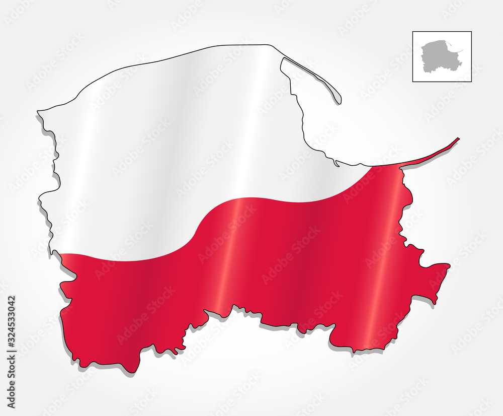 Fototapeta premium Map of Poland voivodeship Pomeranian combined with waving Polish national flag. Silhouette or borders for geographic themes - Vector