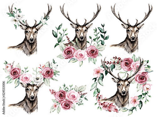 Obraz na płótnie Deer head antlers, set with watercolor flowers pink roses and leaf. Sketch stag, animal illustration. Isolated on white. Hand drawing for printing design, tattoo and other.