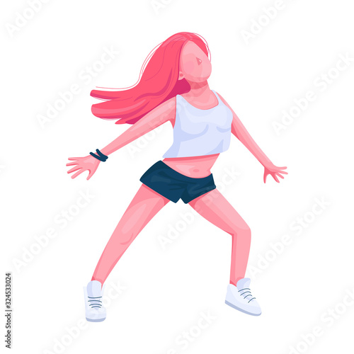 Girl dance flat color vector faceless character. Woman practicing choreography movements. Female in casual clothes dancing isolated cartoon illustration for web graphic design and animation