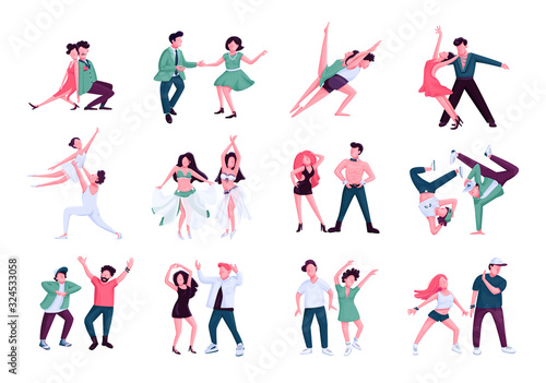 Partner dance flat color vector faceless characters set. Tango  rumba  contemp male and female performers. People dancing in nightclub isolated cartoon illustrations on white background