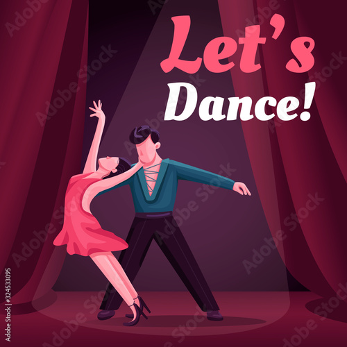 Rumba classes social media post mockup. Lets dance phrase. Web banner design template. Latin dance studio booster, content layout with inscription. Poster, print ads and flat illustration