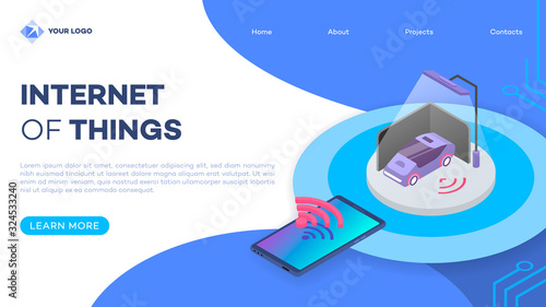 Car alarm system remote control landing page vector template with isometric illustration. Transport safety monitoring. Vehicle smart security system. Website interface design. Webpage 3d concept
