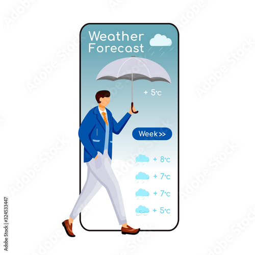 Weather forecast cartoon smartphone vector app screen. Mobile phone display, flat character design mockup. Guy in suit. Male with umbrella. Man in jacket. Meteorology application telephone interface