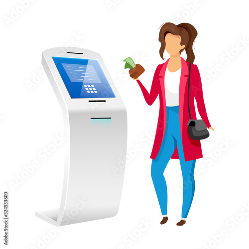 Woman using bank terminal flat color vector faceless character. Girl with money near automated teller machine isolated cartoon illustration on white background. Cash self service equipment