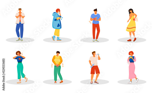 Healthcare problems flat color vector faceless characters set. Woman sneezing. Man with sore throat. People with body aches. Disease symptoms isolated cartoon illustrations on white background