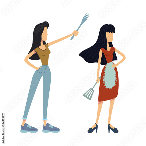 Housewives with kitchen utensils flat cartoon vector illustrations kit. Women holding cooking spatula. Ready to use 2d comic character set templates for commercial, animation, printing