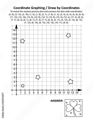 Coordinate graphing, or draw by coordinates, math worksheet with St Patrick's Day shamrock trefoil leaf mystery picture: To reveal the mystery picture plot and connect the dots with given coordinates.