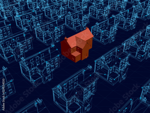 Background with wireframe houses of blue lines and a red house in the middle. View isometric. Vector illustration