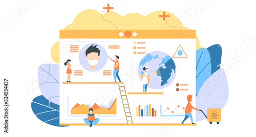 Coronavirus Covid-19 banner. People in sterile masks fight virus. Disinfection landing page. Teacher explains children about viruses. Doctor with infrared thermometer. Spread of disease around world. 